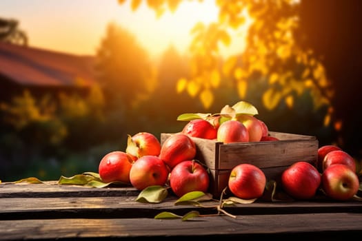 Apples In Wooden Crate On Table At Sunset - Autumn And Harvest Concept