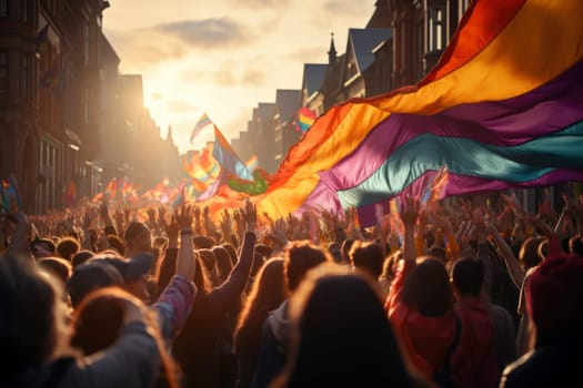 silhouette of a parade of gays and lesbians with a rainbow flag - symbol of love and tolerance. LGBTQ theme