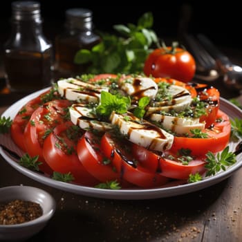 Italian caprese salad with sliced tomatoes, mozzarella cheese, basil, olive oil. Served in vintage metal plate on textile napkin over dark metal background. Top view. Rustic style.