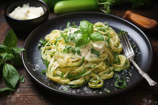 Pasta spaghetti with zucchini, green peas and cream sauce on black stone background. Vegetarian vegetable pasta. Zucchini noodles. Top view with copy space.