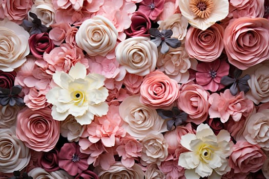 Closeup image of beautiful flowers wall background with amazing red and white roses.