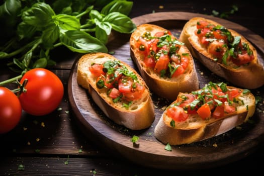 Bruschetta with tomatoes, herbs and oil on toasted garlic cheese bread on a dark wooden table.