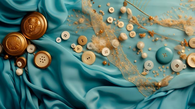 Sewing theme creative composition, blue fabrics, buttons and needles. Stylish accessories for needlework. AI generated