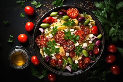Pasta salad with tomato, black olives, cucumber and feta cheese. healthy food.