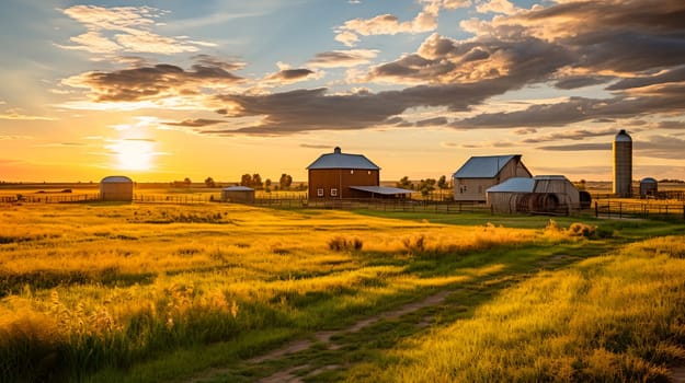 Summer sunset with a barn and silos in rural landscape. AI generated