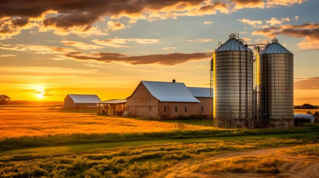 Grain silos at a small farm with a house and barn. Farm landscape with silos on a sunset time. AI generated