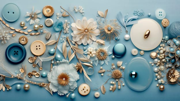 Sewing theme creative composition, blue fabrics, buttons and needles. Stylish accessories for needlework. AI generated