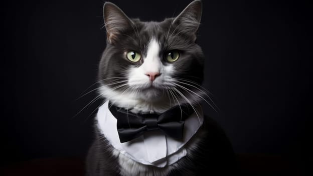 Quirky feline with an oversized bowtie, ready for a formal affair