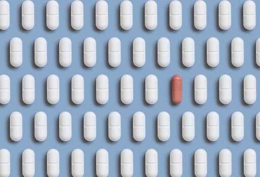 Mix of white medical pills in a line with one pink capsule on light blue top view. Preventive medicine and healthcare, dietary supplements and vitamins. Assorted pharmaceutical medicine capsules