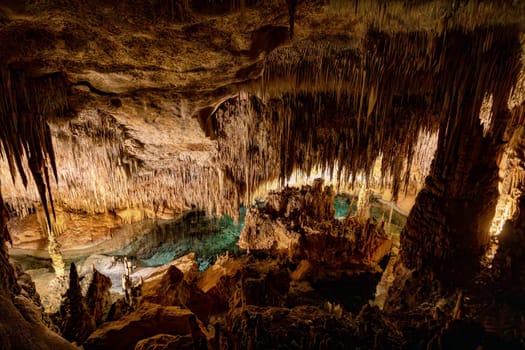 Dragon cave, Coves del Drach, (Cuevas del Drach). Stalactite mysterious underground caverns. Porto Cristo Balearic Islands Mallorca Spain. Vacation concept.