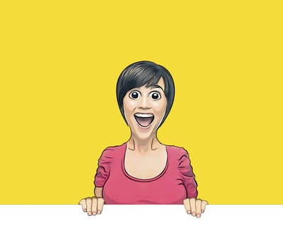 Happy surprised woman with a blank white sign on a yellow background, digital drawing, space for your text