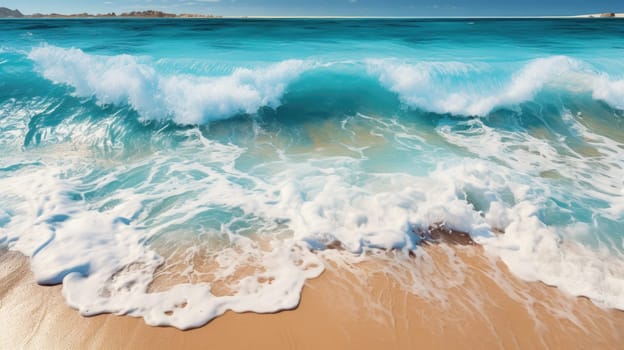 Beach Sand Sea Shore with Blue wave and white foamy summer background,Aerial beach top view overhead seaside.