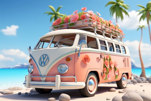 Calssic Volkswagen Bus with surfboard front view at the beach with sea and blue sky in the background.