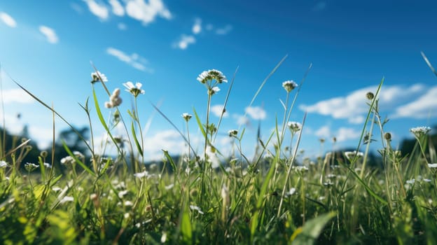 Beautiful meadow field with fresh grass and yellow dandelion flowers in nature against a blurry blue sky with clouds. Summer spring perfect natural landscape.