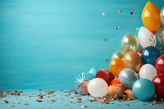 Multicolored carnival or birthday background on blue with a frame of colorful party balloons, streamers, confetti and candy around central copy space.