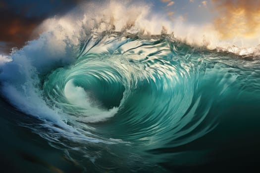 rough colored ocean wave falling down at sunset time.