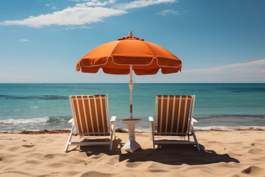 Beautiful beach. Chairs on the sandy beach near the sea. Summer holiday and vacation concept for tourism. Inspirational tropical landscape. Tranquil scenery, relaxing beach, tropical landscape design