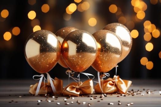 Colorful golden balloon in dark room. Balloons in room decorated for birthday party. On a golden bokeh background.