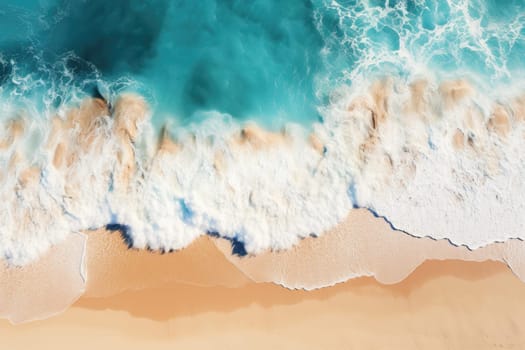 Beach Sand Sea Shore with Blue wave and white foamy summer background,Aerial beach top view overhead seaside.