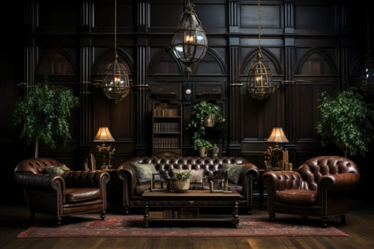 Elegant country living room with classic paneling. Furnished with 2 classic table lamps, comfortable leather chairs, sofa and a beautiful Persian carpet on the floor. Classic english society club interior.