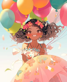 Happy little cute girl wearing a party dress with flowers in her hair and holding colorful balloons on a light blue white background. Creative background for birthday cards and invitations.
