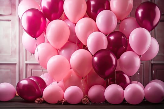 Colorful pink balloons in room prepared for birthday party.