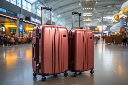 Two suitcases in an empty airport hall, traveler cases in the departure airport terminal waiting for the area, vacation concept, blank space for text message or design