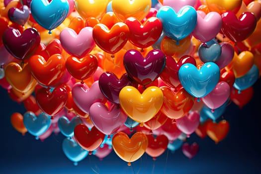 bunch of heart shaped balloons in blue sky.