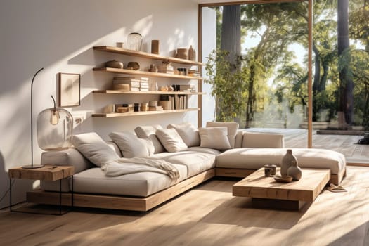 Livingroom of bright minimalist modern interior design huge bright apartment. Sunny room with large windows and sun.