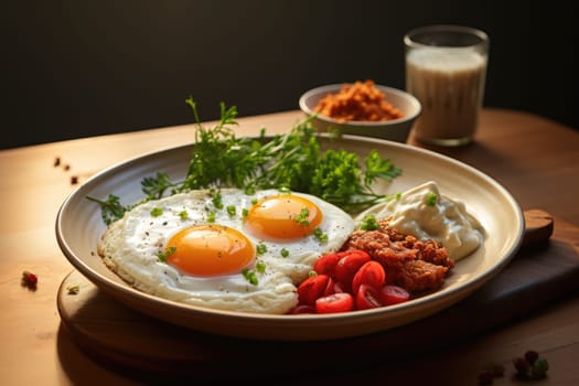 English breakfast, fried egg, tomatoes, bacon and yoghurt. Black background.
