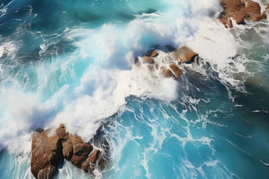 Beach Sand Sea Shore with Blue wave and white foamy summer background,Aerial beach top view overhead seaside.