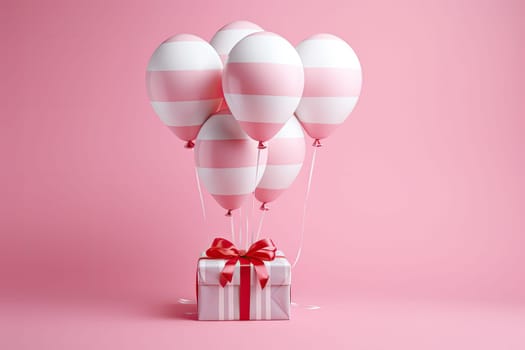 White gift box with red ribbon and white balloon on pink background. minimal birthday and celebration concept.