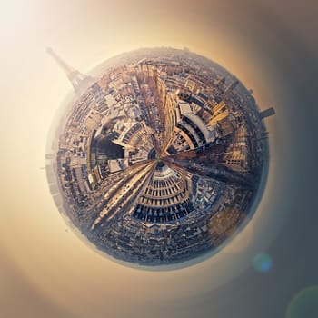 Aerial Paris as a mini planet in space. Sightseeing city panorama in shape o a globe with view to the Eiffel Tower, France. Parisian architecture and landmarks, romantic destination
