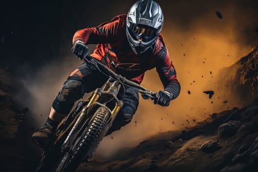 Professional Cyclist Riding the Downhill Mountain Bike on the Summer Rocky Trail at the Evening. Extreme Sport and Enduro Cycling Concept.