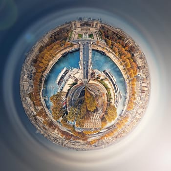 Aerial Paris as a micro planet in space. Sightseeing city panorama in shape o a globe with view to Seine river, Trocadero area and La Defense metropolitan district, France