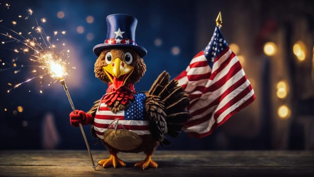 Thanksgiving concept with a turkey figure wearing a hat and dressed with the USA flag holding a sparkler against a bokeh background with copy space.