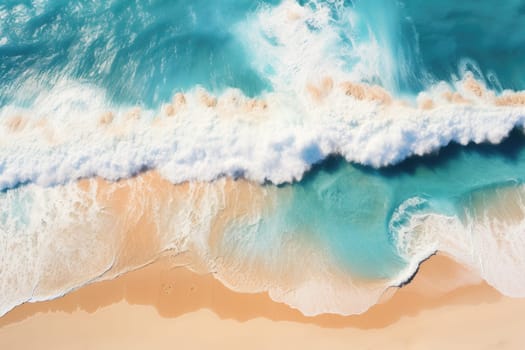 Beach Sand Sea Shore with Blue wave and white foamy summer background,Aerial beach top view overhead seaside.