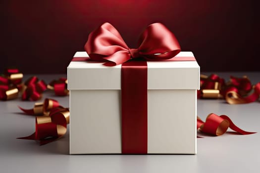 A white gift box tied with red ribbon on a red background. Suitable for birthday, Christmas, valentine, or other special occasions.