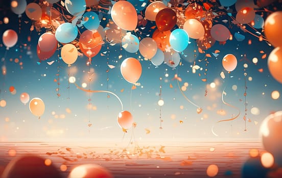 An illustration of large number of celebration balloons floating in the sky with blue backgrounds. Event decoration.