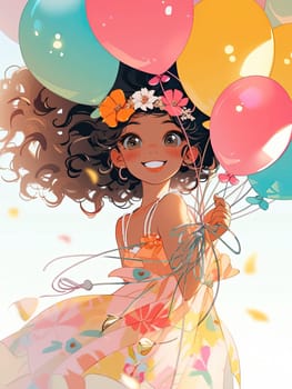 Happy little cute girl wearing a party dress with flowers in her hair and holding colorful balloons on a light blue white background. Creative background for birthday cards and invitations.