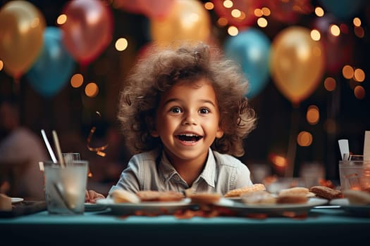 Little girl birthday party table with balloons, cupcakes, and sugaer cookies on a birthday background