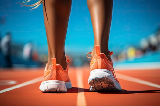 Running, shoes and start with a sports woman or female runner on a track for a workout, exercise or training. Fitness, run and cardio with an athlete getting ready for a competition or race outside
