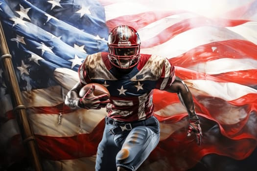 American football player in action and movement in front of a background of the flag of the United States. proud to be american theme