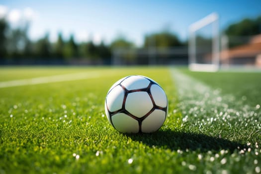 Soccer ball on the white line on the grass, which marks the area of the soccer field. In the blurred background.