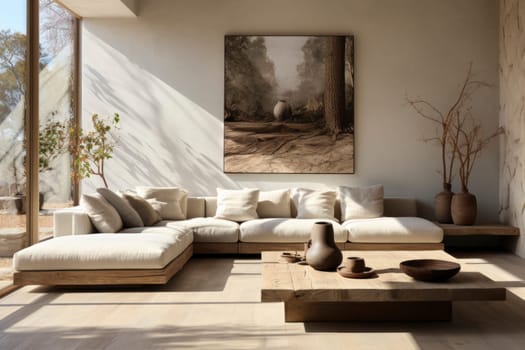 Livingroom of bright minimalist modern interior design huge bright apartment. Sunny room with large windows and sun.