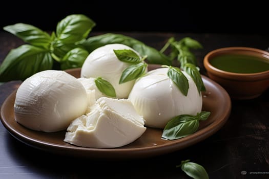 Traditional mozzarella cheese and basil on a dark wooden background. Selective focus.