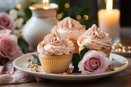 Colorful cupcakes on a wooden background. party background.