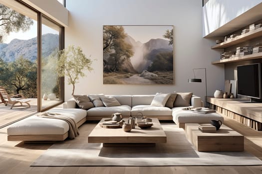 Livingroom of bright minimalist modern interior design huge bright apartment. Sunny room with large windows and sun.