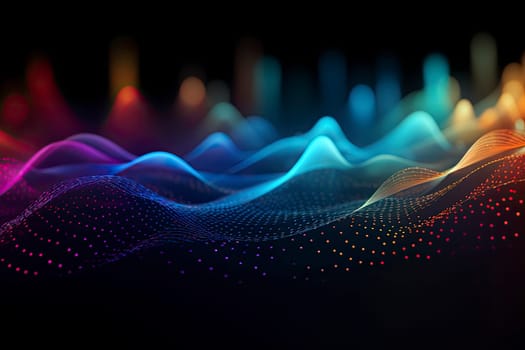 Sound musical waves oscillating dark blue red yellow light, Abstract technology background.