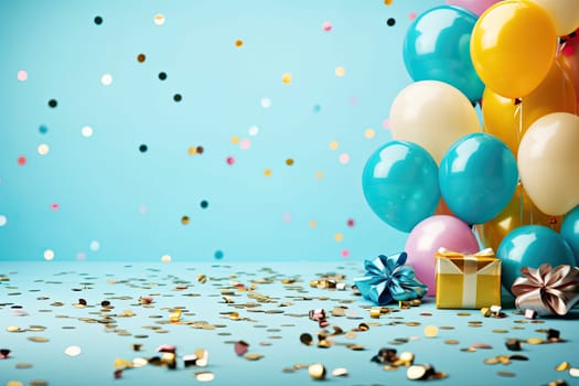Multicolored carnival or birthday background on blue with a frame of colorful party balloons, streamers, confetti and candy around central copy space.